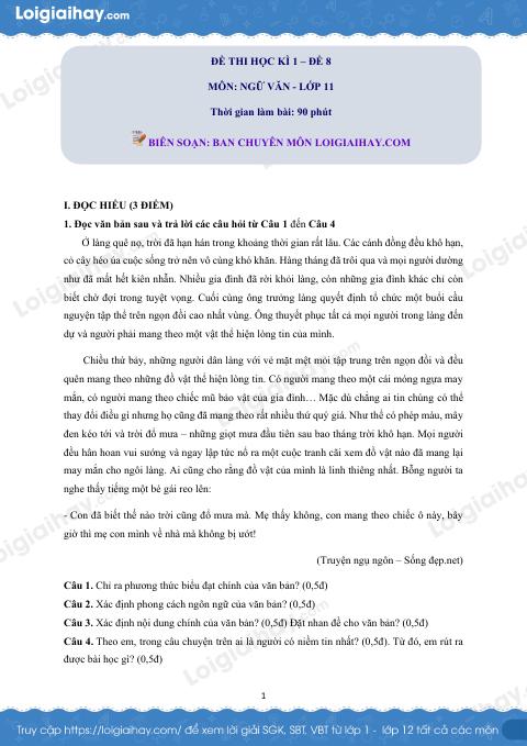 Đề số 8 - Đề kiểm tra học kì 1 - Ngữ văn 11